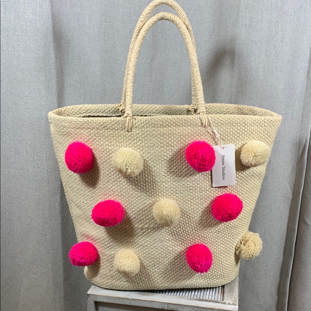 Straw Studios Cream and Pink Tote Bag with Playful Pom-Poms